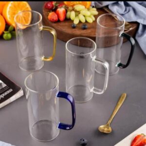 Transparent Glass Mug Set with Colored Handles (Pack of 4)