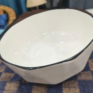 Pure White Ceramic Serving Bowl with Black Rim (Diamond Cut Design)